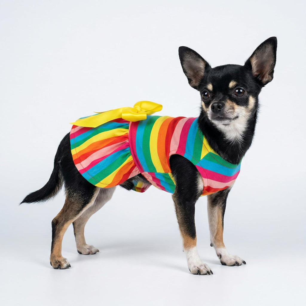 Striped Dog Dress, Summer Dog Clothes for Small Dogs Girl, Pet Cat Outfit, 100% Breathable Cotton, Yellow, Small